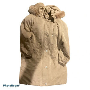 Cleo petites tan faux fur trim soft suede puffer jacket Sz PM